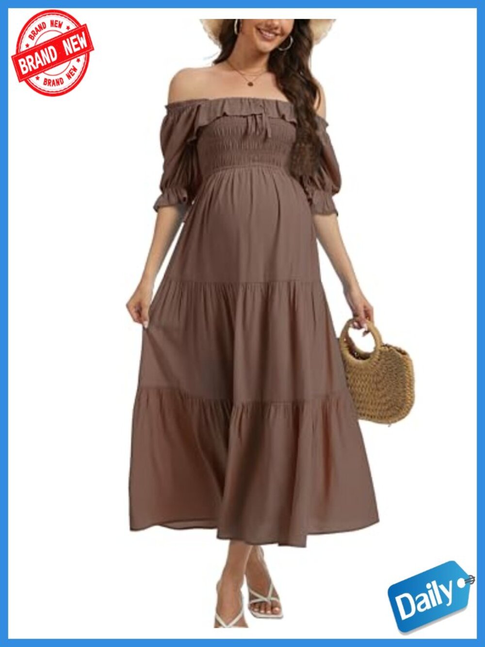 Off-Shoulder Ruffled Maternity Maxi Dress Flowy Half Sleeve Cotton Blend
